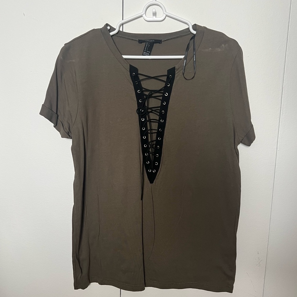 Olive Green Laced Deep V Neck Top